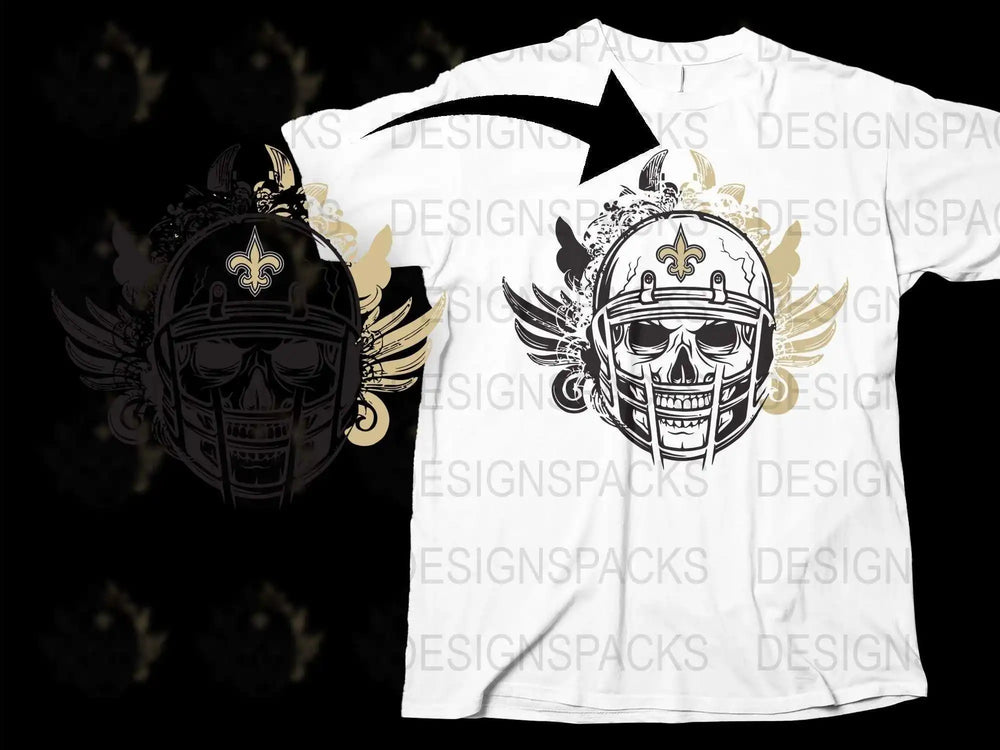New Orleans Football Team Inspired Skull Graphic T-Shirt, Unique Sports Fan Apparel, Black and White Design
