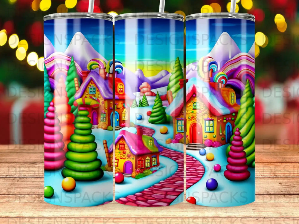 Whimsical candy-themed village with colorful houses, lollipop trees, and a winding path.