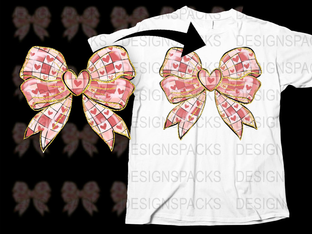 Festive Valentine's Bow Heart Pattern T-Shirt, Pink Checkered Ribbon Design, Gold Accents, Love Themed Apparel