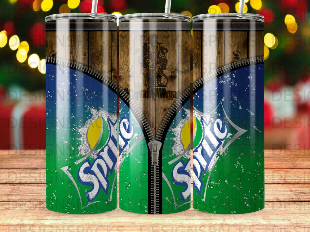 Sprite logo with zipper effect on wood grain background, three tumblers.