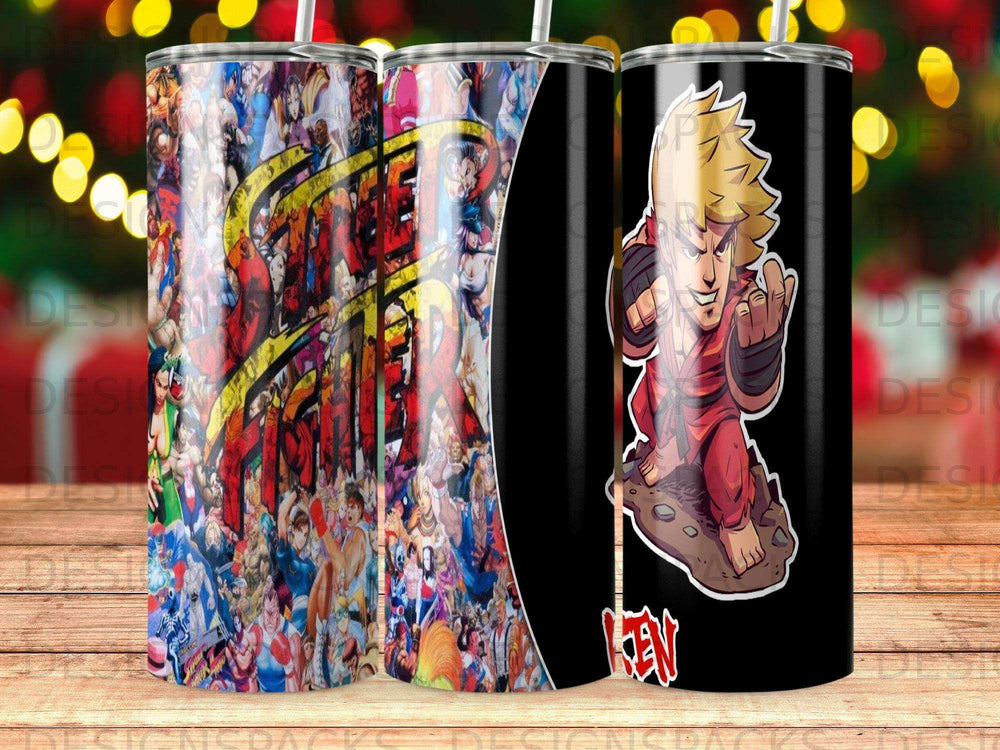 Red and black tumbler featuring Ryu from Street Fighter in a fighting stance.