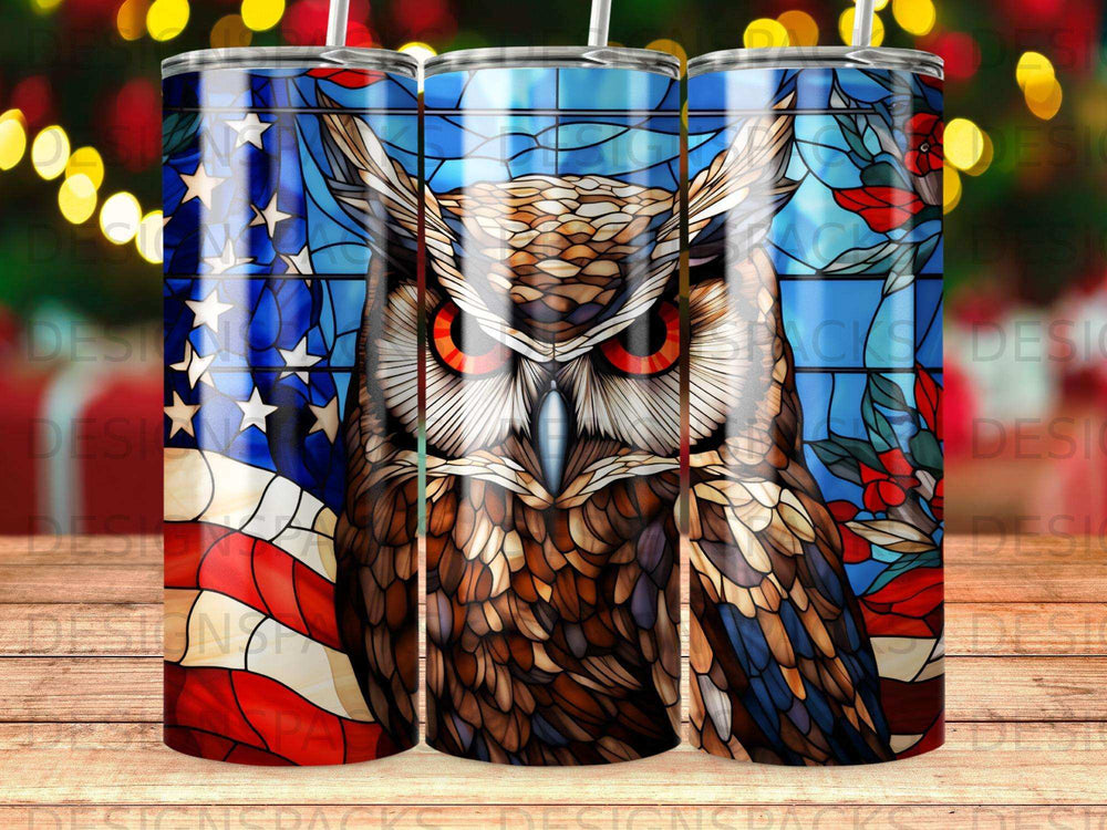Stained glass owl with American flag and red flowers pattern on a tumbler.