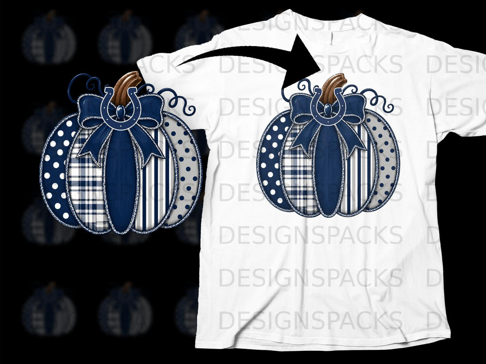 Blue and white patchwork pumpkin with horseshoe and bow on a white t-shirt.