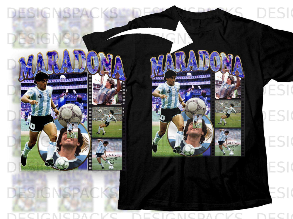 Black t-shirt with collage of images featuring Diego Maradona, the word "MARADONA" prominent.