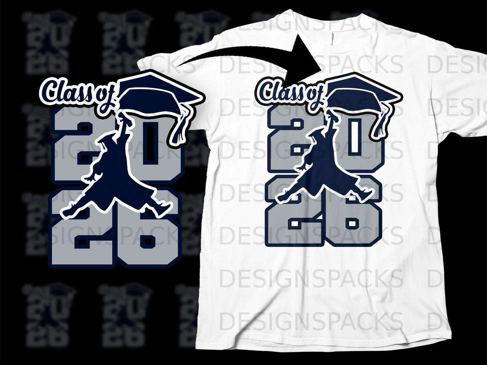 "Class of 2026" graduation design with cap and gown on white t-shirt.