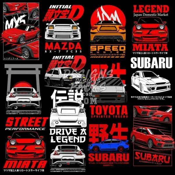 Japanese car designs for DTF/DTG, embroidery, and tumbler wraps featuring Mazda, Subaru, Toyota, and Initial D themes.