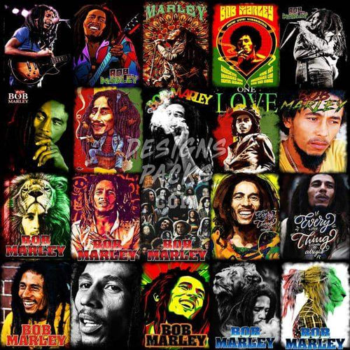 Bob Marley print-ready designs for DTF, DTG, embroidery, and tumbler wraps in PNG, PES, SVG formats.