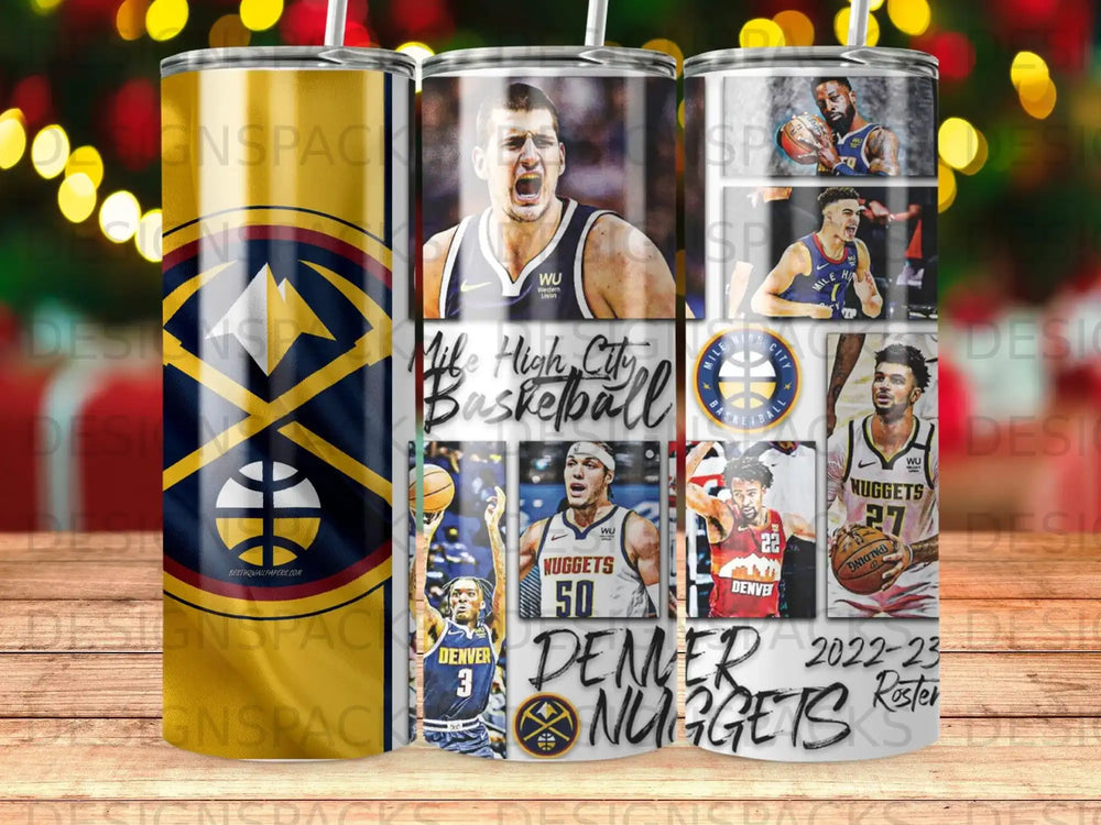 Denver Nuggets basketball tumbler with team logos and player images.