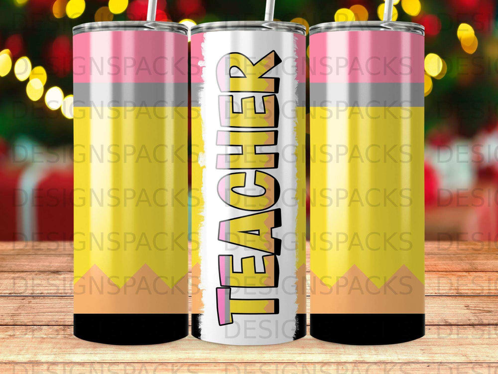 Teacher tumbler with colorful striped pattern and repeating "DESIGNSPACKS" watermark.