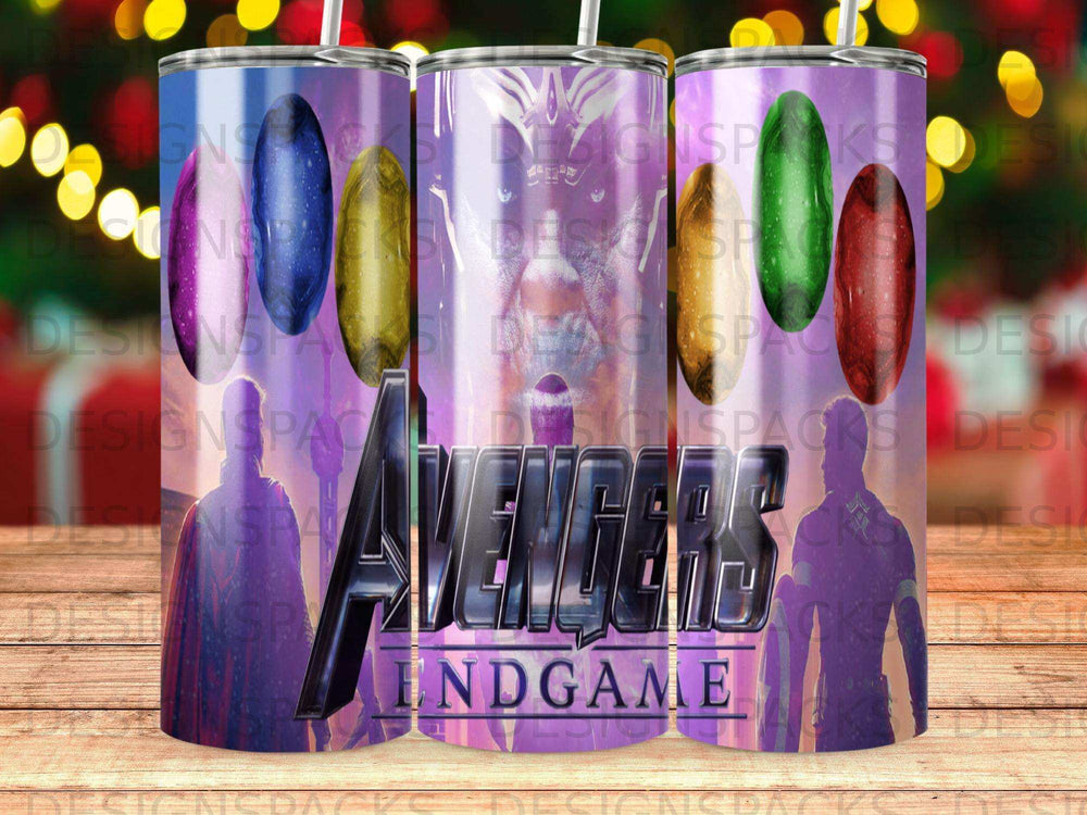 Avengers Endgame tumbler with Infinity Stones and logo.