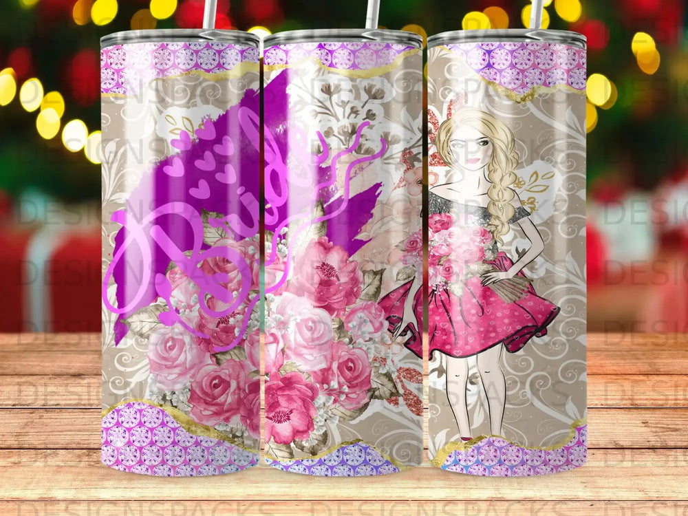 Woman in pink dress with floral design and gold accents.