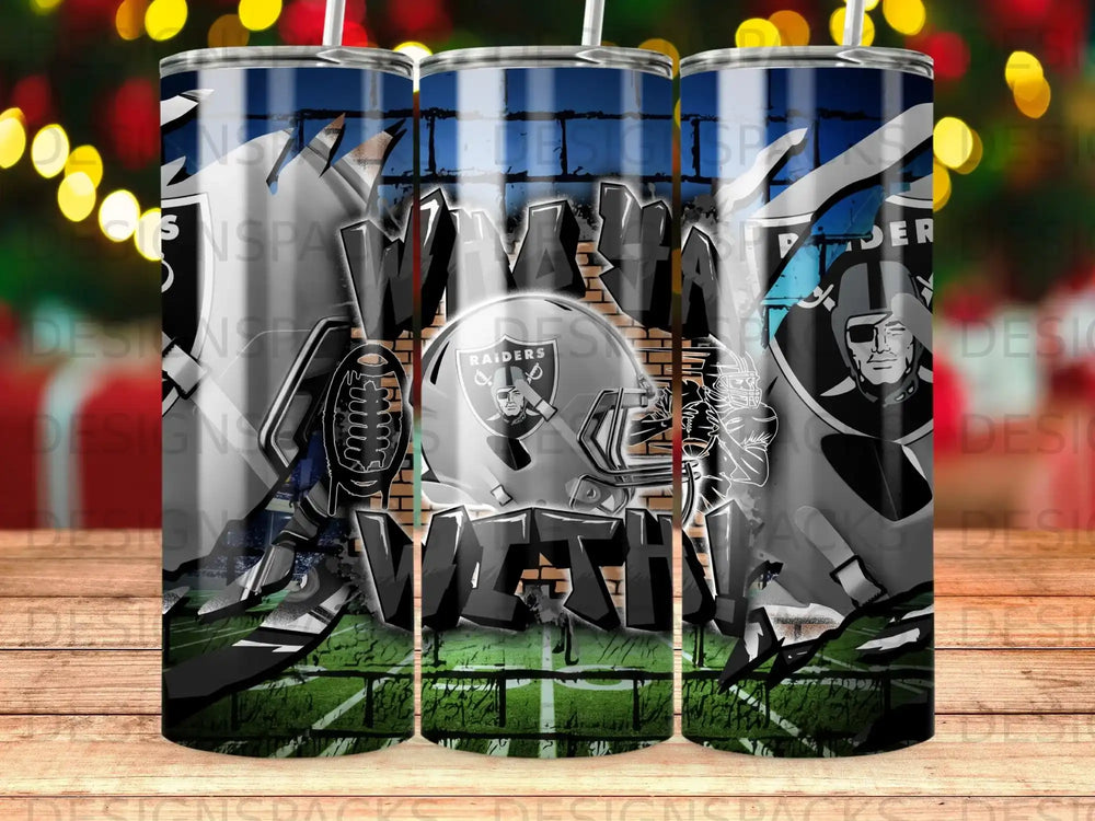 Las Vegas Raiders helmet and logo on a metallic tumbler with stadium background.