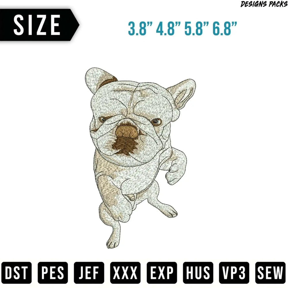 French bulldog embroidery design with size options and file format icons.