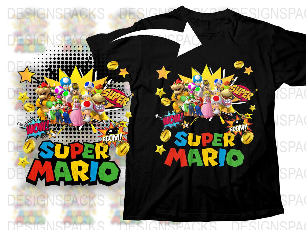 Super Mario Colorful Graphic T-Shirt, Vintage Comic Style, Gaming Apparel, Unisex Adult and Kids Sizes Available