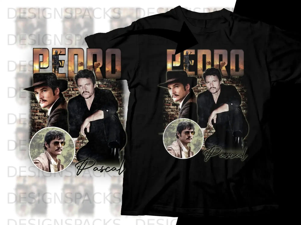 Black t-shirt with a graphic of Pedro Pascal in a hat and jacket.