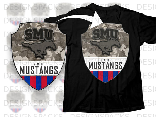 Black t-shirt featuring SMU Mustangs logo on a camouflage shield with red and blue stripes.
