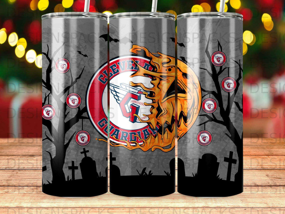 Cleveland Guardians logo on a Halloween-themed tumbler with bats and gravestones.