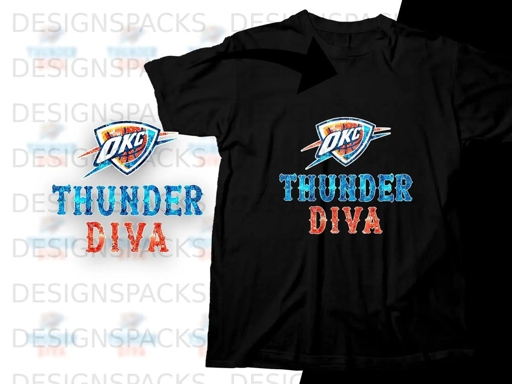 Black t-shirt with "OKC THUNDER DIVA" in colorful distressed text and logo.