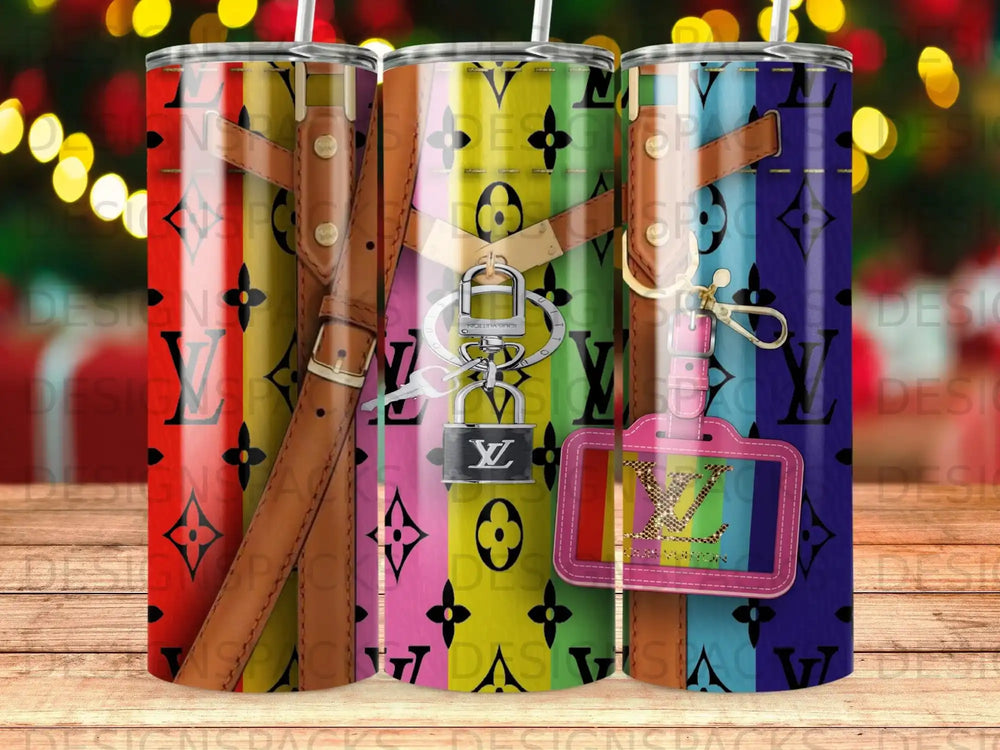 Striped tumbler with Louis Vuitton pattern and keychain.