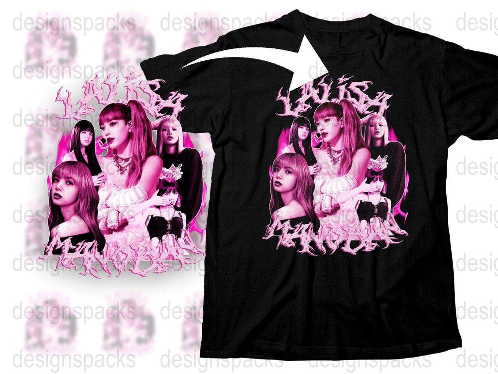 Trendy Black T-Shirt Featuring Pink Fantasy Graphic with Multiple Poses, Stylish Women's Top