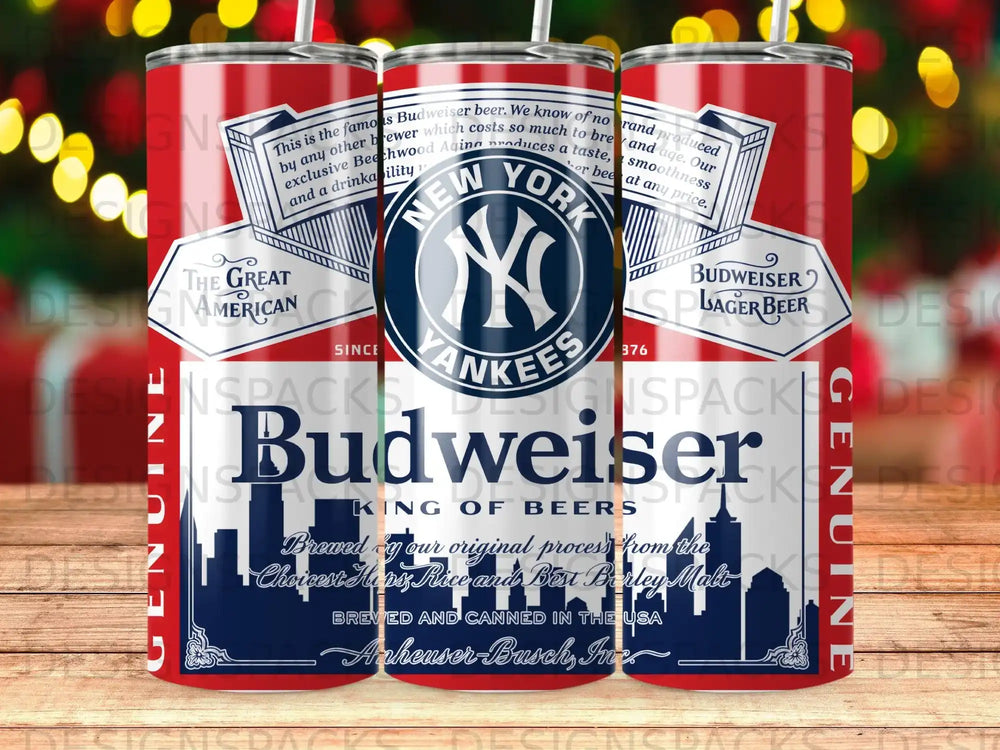 Budweiser beer tumbler with New York Yankees logo and text.