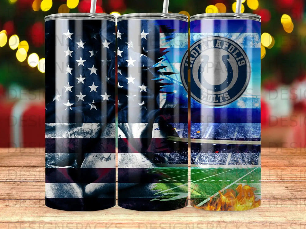 American flag, Indianapolis Colts logo, and stadium scene on a tumbler.