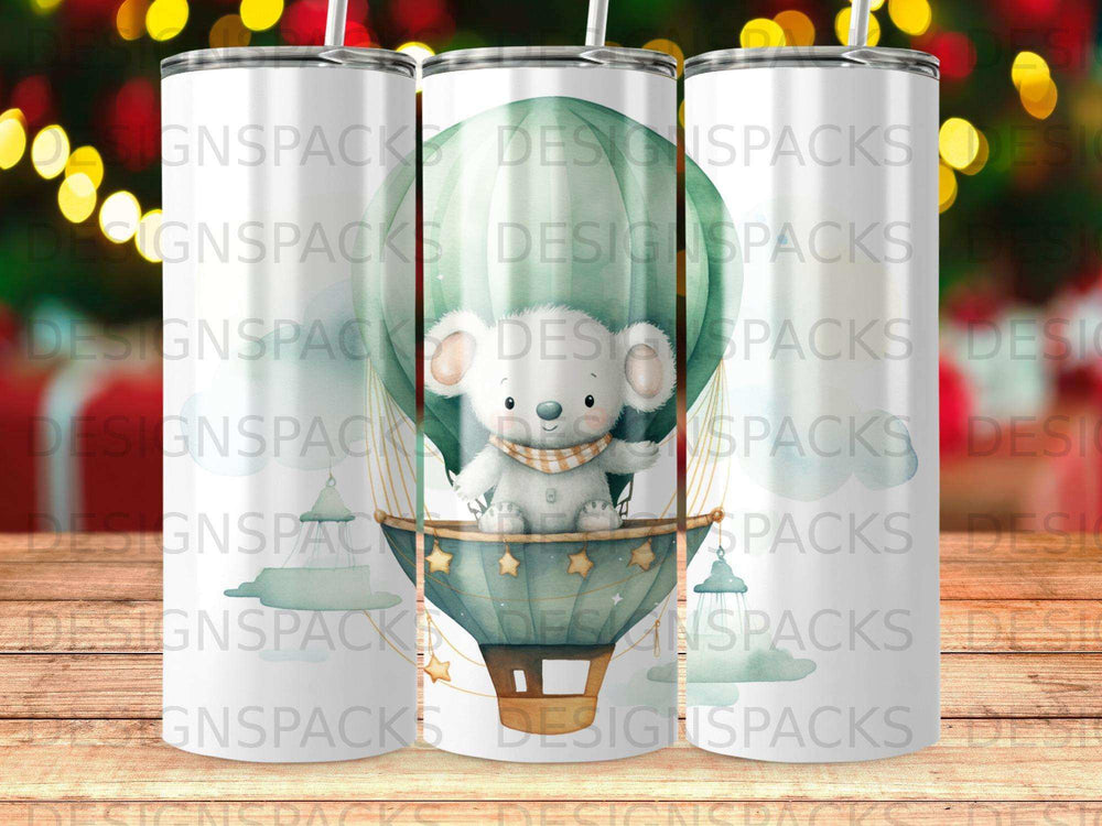 Koala in hot air balloon with clouds and festive lights background.