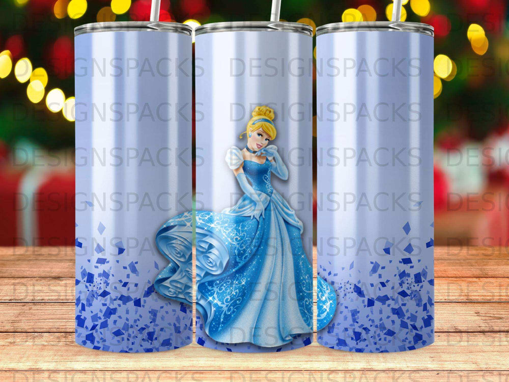 Cinderella in her blue ball gown with a sparkling blue pattern.