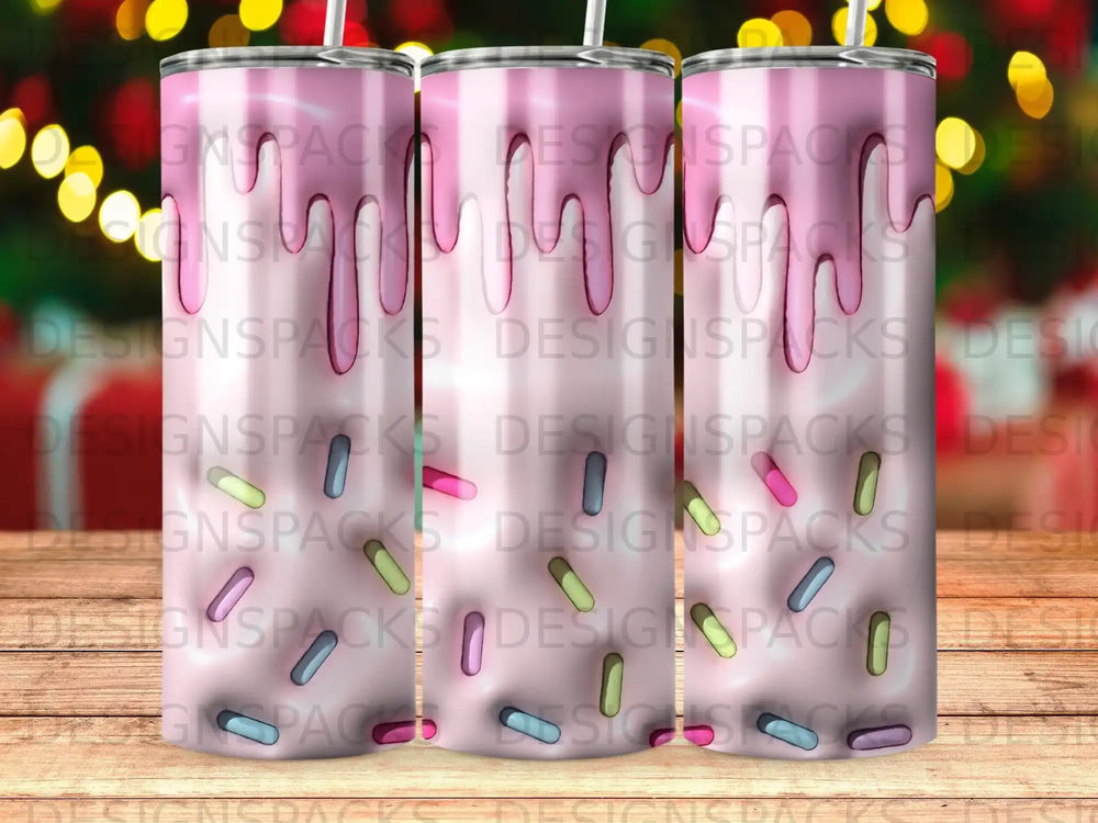 Pink tumbler with dripping icing and sprinkles, logo overlay.