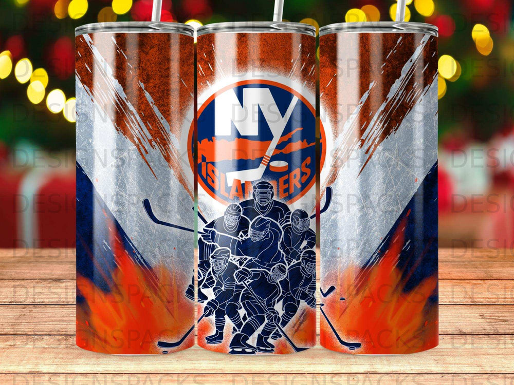 New York Islanders hockey team logo on a patterned tumbler.
