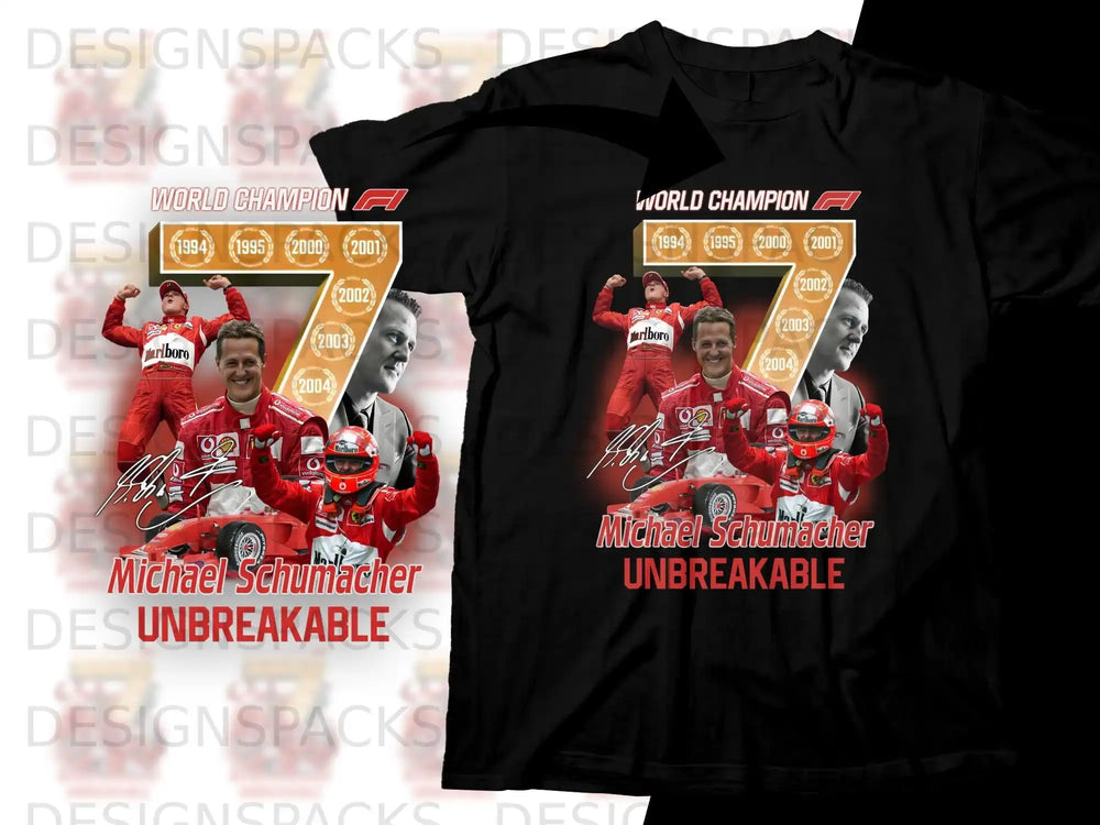 Michael Schumacher World Champion graphic t-shirt with championship years.