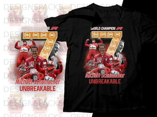 Michael Schumacher World Champion graphic t-shirt with championship years.