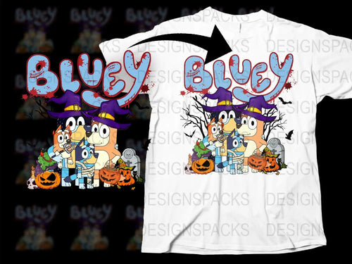 Bluey Halloween T-Shirt, Cartoon Characters Costume Party Tee, Kids and Adult Sizes Available