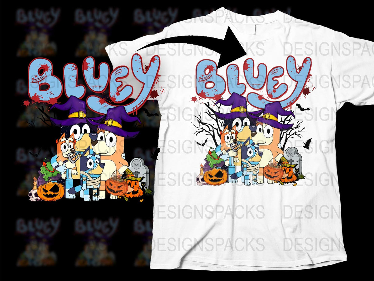 Bluey Halloween T-Shirt, Cartoon Characters Costume Party Tee, Kids and Adult Sizes Available