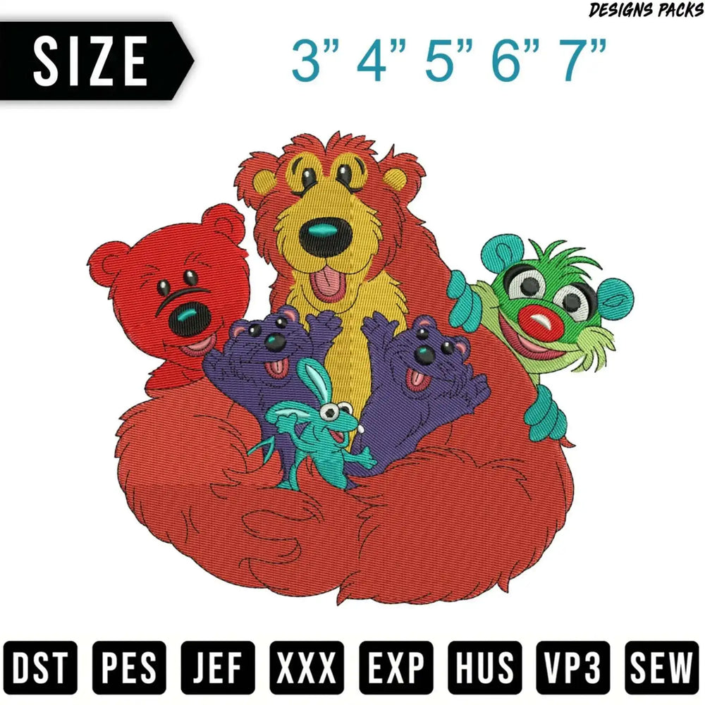 Four cartoon bears and a rabbit embroidery design in red, yellow, purple, and green.