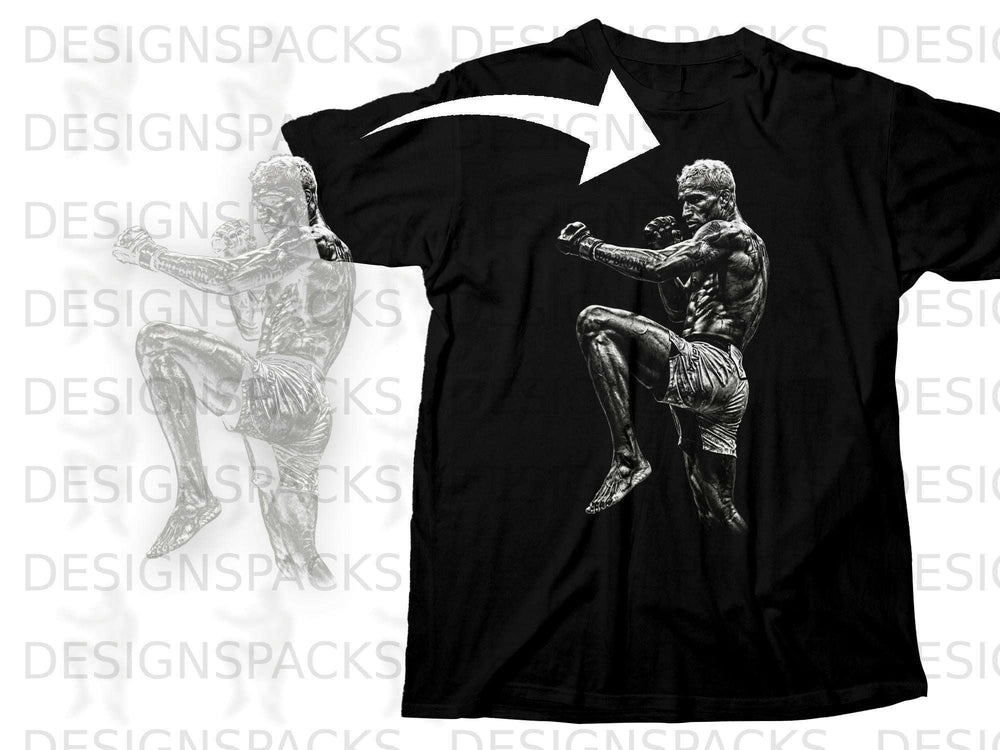 Black t-shirt with a graphic of a Muay Thai fighter mid-kick.