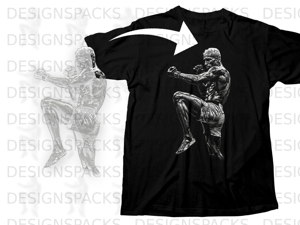 Black t-shirt with a graphic of a Muay Thai fighter mid-kick.