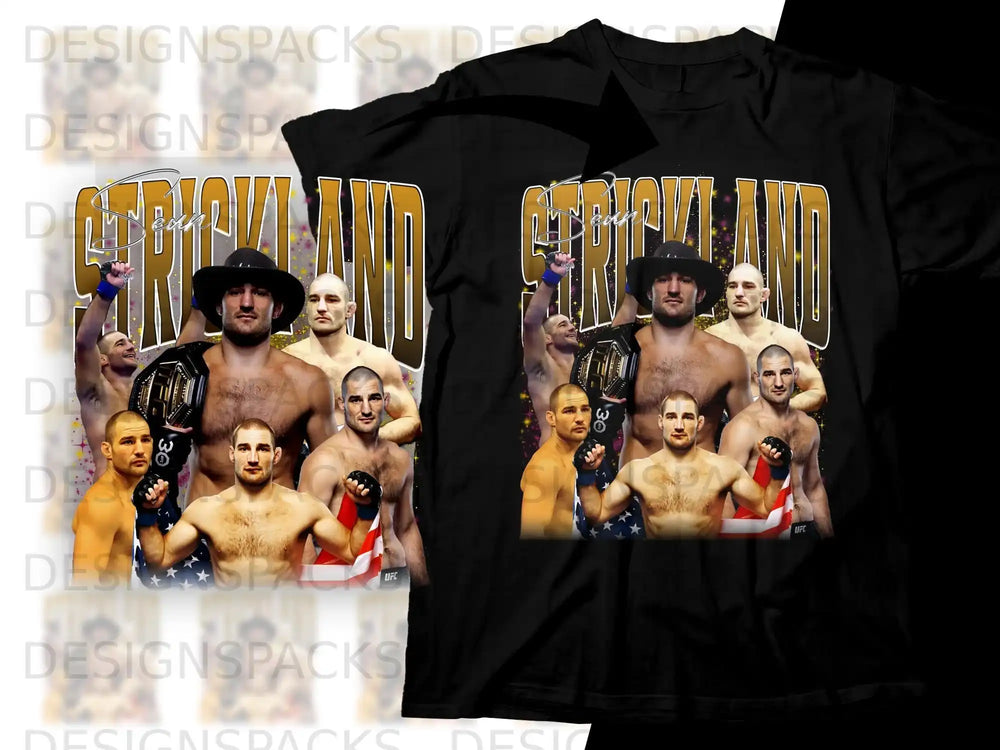 Sean Strickland UFC fighters graphic on black t-shirt.