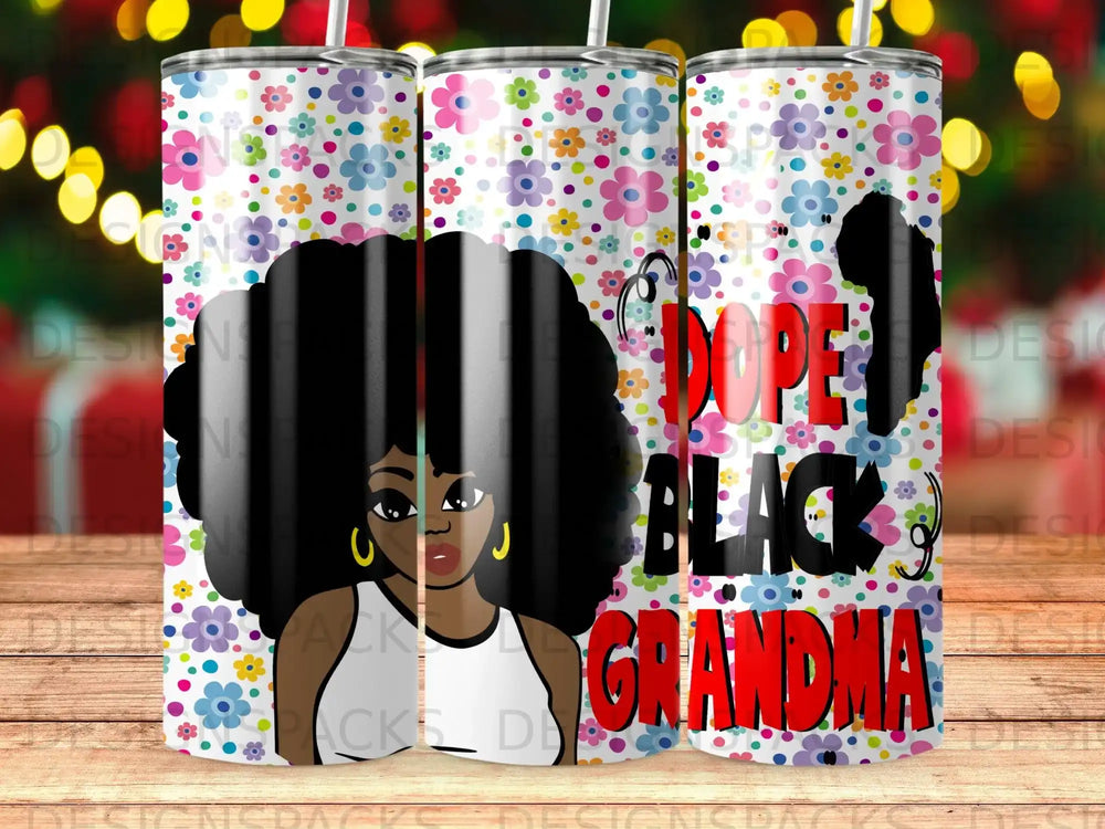 Illustration of Black grandma with text "DOPE BLACK GRANDMA" on floral background.