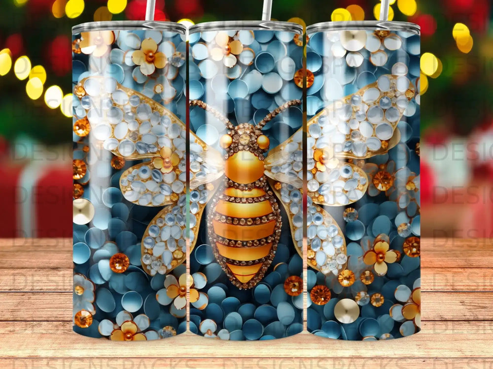 Bee with jewel-encrusted wings on a patterned background.