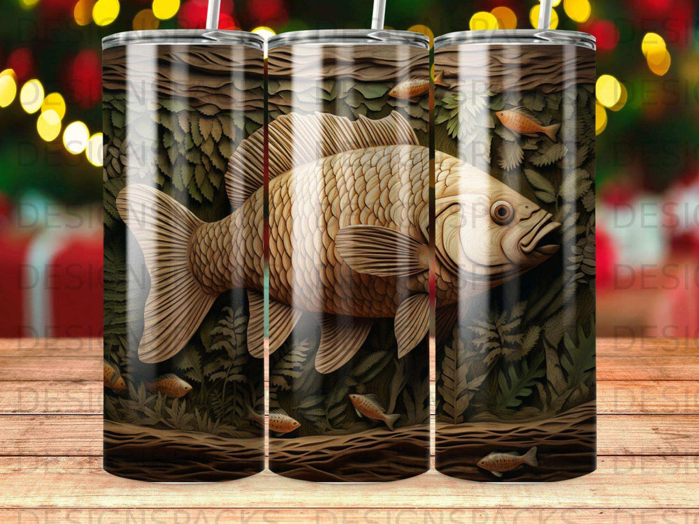 Fish illustration on a tumbler with forest and water background.