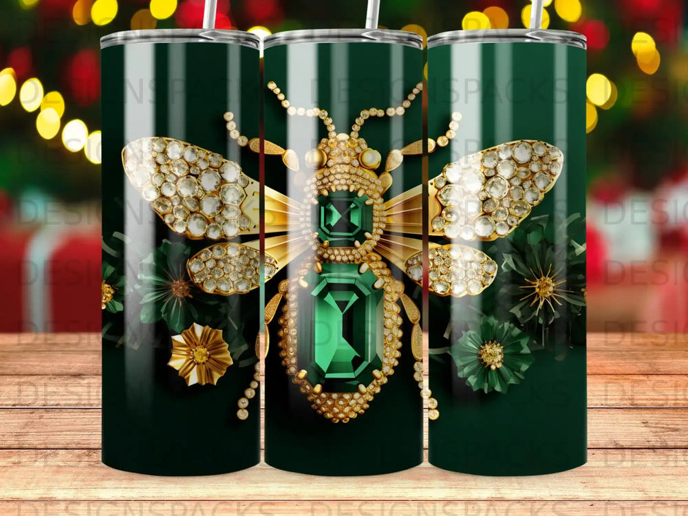 Green tumbler with jeweled bee and floral accents.