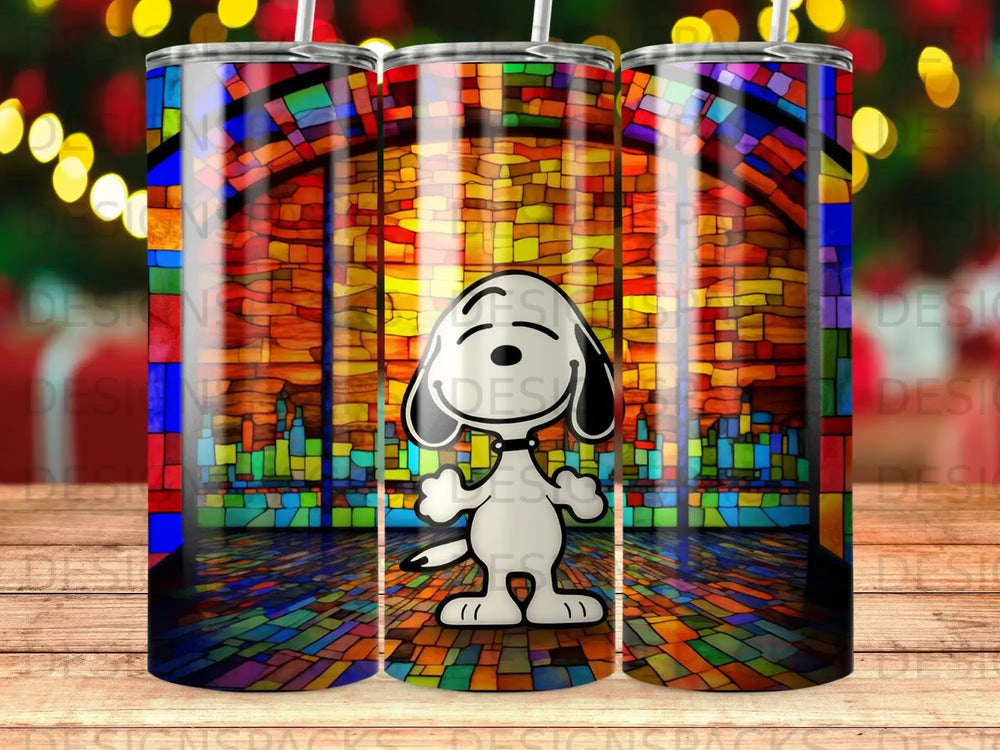 Snoopy standing in front of stained glass window art.