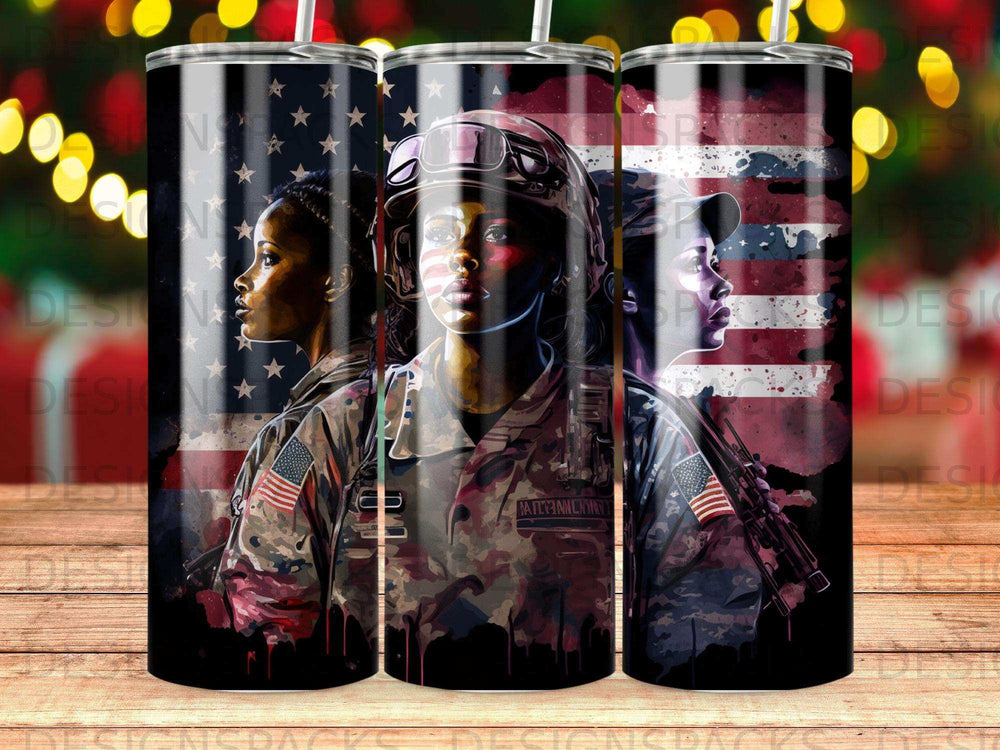 Three soldiers with American flag background, one in foreground.