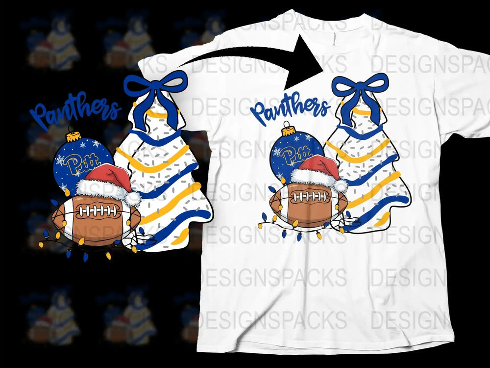 Panthers Football T-Shirt, Winter Theme with Blue Santa Hat, Snowflakes, Festive Holiday Gift for Sports Fans.