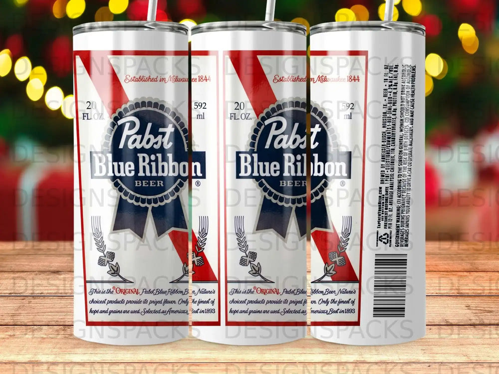 Pabst Blue Ribbon beer tumbler with red and white stripes and blue branding.