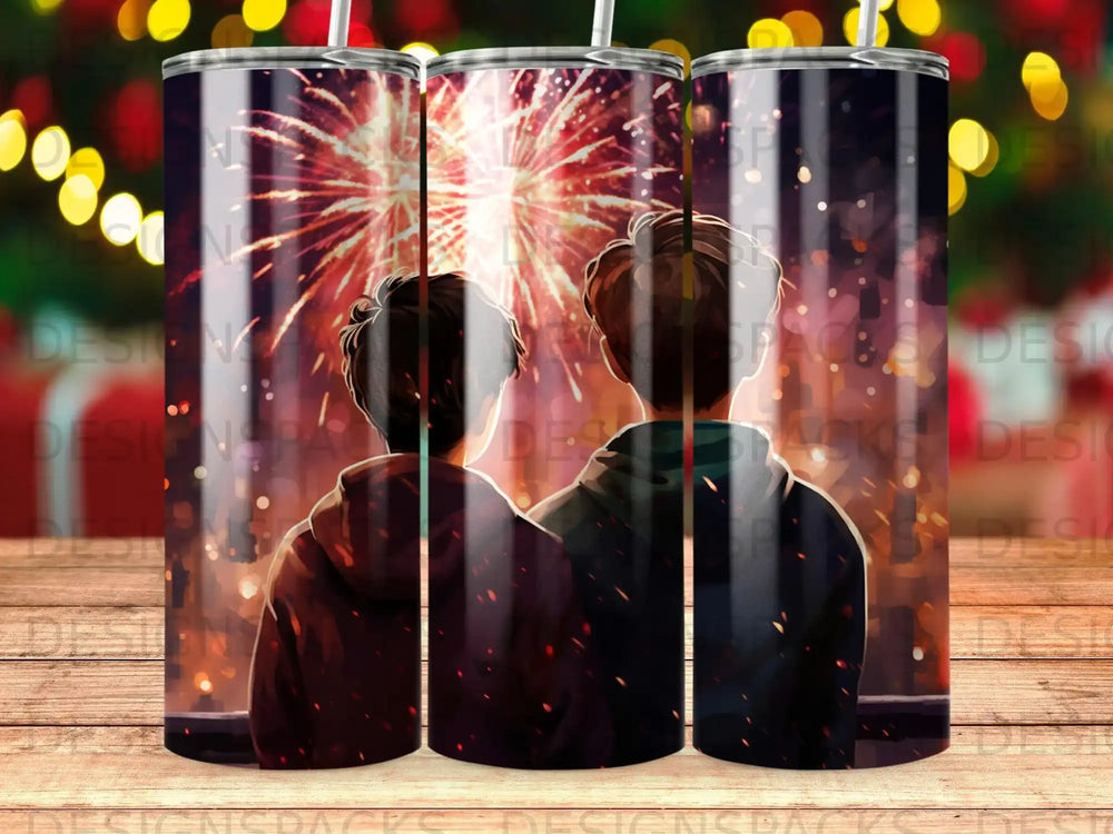Two people watch fireworks from a window, silhouetted against the display.