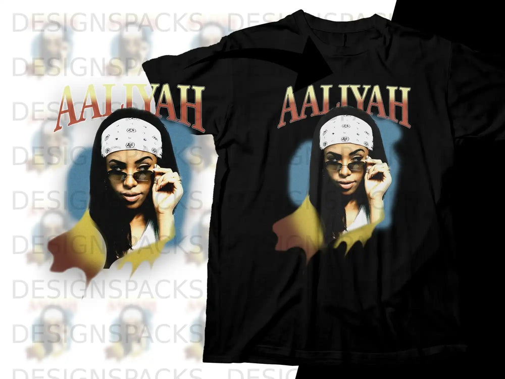 Aaliyah in sunglasses and bandana on a black t-shirt design.