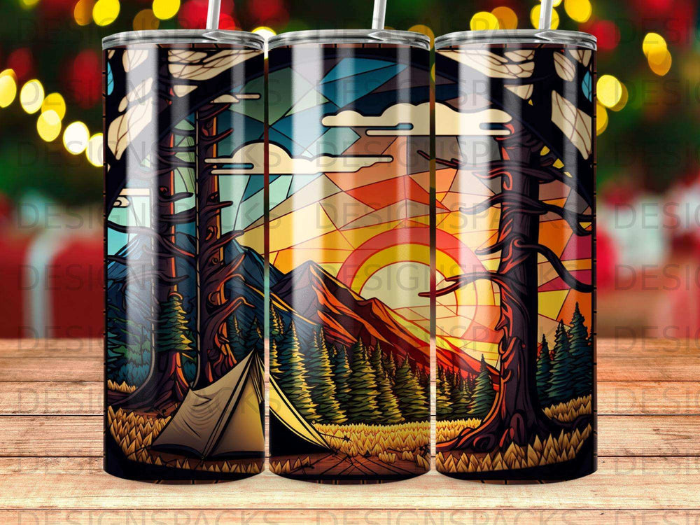 Tent nestled in a forest with a mountain sunset, stylized design.
