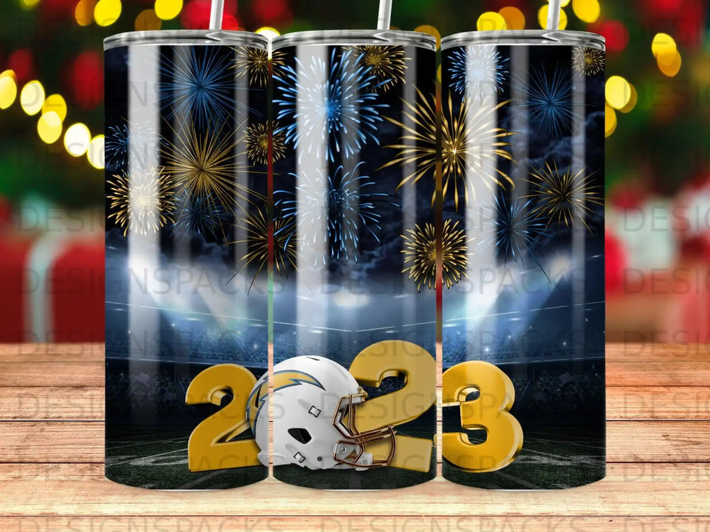 NFL football helmet and "2023" in stadium with fireworks.